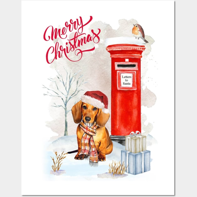 Red Dachshund Puppy Merry Christmas Santa Dog Wall Art by Puppy Eyes